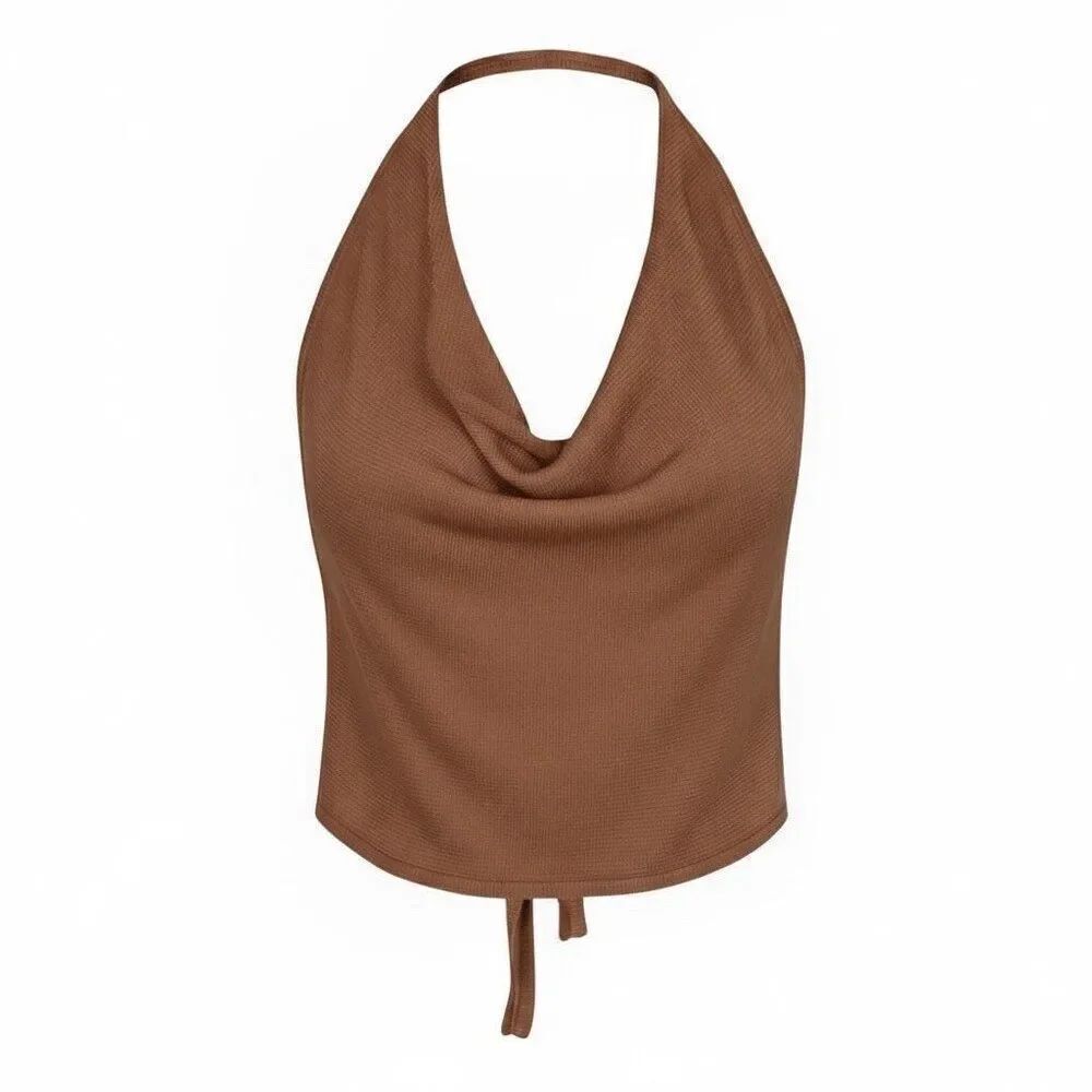 New Aya Muse Cinnabar Knit Tied Draped Halter Crop Top M Brown